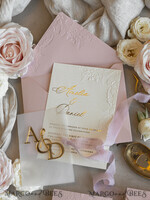 WEDDING INVITATIONS embossed invites Blush Gold Wedding Invitation with chiffon torn bow and mirror gold monogram , Vellum Wrapping Golden Elegant Roses Floral Wedding Invitation with 3D embossed flowers24