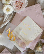 WEDDING INVITATIONS embossed invites Blush Gold Wedding Invitation with chiffon torn bow and mirror gold monogram , Vellum Wrapping Golden Elegant Roses Floral Wedding Invitation with 3D embossed flowers24