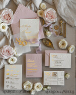 WEDDING INVITATIONS embossed invites Blush Gold Wedding Invitation with chiffon torn bow and mirror gold monogram , Vellum Wrapping Golden Elegant Roses Floral Wedding Invitation with 3D embossed flowers24