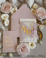 WEDDING INVITATIONS embossed invites Blush Gold Wedding Invitation with chiffon torn bow and mirror gold monogram , Vellum Wrapping Golden Elegant Roses Floral Wedding Invitation with 3D embossed flowers24