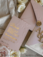 WEDDING INVITATIONS embossed invites Blush Gold Wedding Invitation with chiffon torn bow and mirror gold monogram , Vellum Wrapping Golden Elegant Roses Floral Wedding Invitation with 3D embossed flowers24