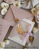 WEDDING INVITATIONS embossed invites Blush Gold Wedding Invitation with chiffon torn bow and mirror gold monogram , Vellum Wrapping Golden Elegant Roses Floral Wedding Invitation with 3D embossed flowers24