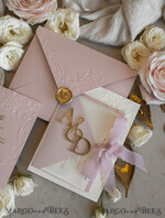 WEDDING INVITATIONS embossed invites Blush Gold Wedding Invitation with chiffon torn bow and mirror gold monogram , Vellum Wrapping Golden Elegant Roses Floral Wedding Invitation with 3D embossed flowers24