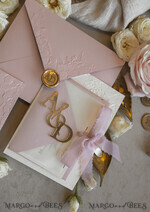 WEDDING INVITATIONS embossed invites Blush Gold Wedding Invitation with chiffon torn bow and mirror gold monogram , Vellum Wrapping Golden Elegant Roses Floral Wedding Invitation with 3D embossed flowers24