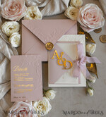 WEDDING INVITATIONS embossed invites Blush Gold Wedding Invitation with chiffon torn bow and mirror gold monogram , Vellum Wrapping Golden Elegant Roses Floral Wedding Invitation with 3D embossed flowers24