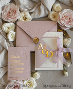 WEDDING INVITATIONS embossed invites Blush Gold Wedding Invitation with chiffon torn bow and mirror gold monogram , Vellum Wrapping Golden Elegant Roses Floral Wedding Invitation with 3D embossed flowers24