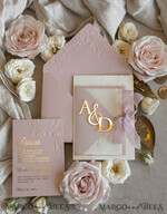 WEDDING INVITATIONS embossed invites Blush Gold Wedding Invitation with chiffon torn bow and mirror gold monogram , Vellum Wrapping Golden Elegant Roses Floral Wedding Invitation with 3D embossed flowers24