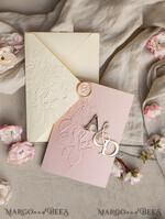 WEDDING INVITATIONS embossed invites Folder Embossed Ivory Gold Wedding Invitation, Golden deboss Roses Floral Wedding Invitation with mirror Monogram28