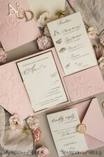 WEDDING INVITATIONS embossed invites Folder Embossed Ivory Gold Wedding Invitation, Golden deboss Roses Floral Wedding Invitation with mirror Monogram28
