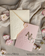 WEDDING INVITATIONS embossed invites Folder Embossed Ivory Gold Wedding Invitation, Golden deboss Roses Floral Wedding Invitation with mirror Monogram28