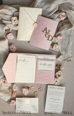WEDDING INVITATIONS embossed invites Folder Embossed Ivory Gold Wedding Invitation, Golden deboss Roses Floral Wedding Invitation with mirror Monogram28