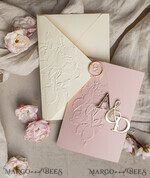 WEDDING INVITATIONS embossed invites Folder Embossed Ivory Gold Wedding Invitation, Golden deboss Roses Floral Wedding Invitation with mirror Monogram28