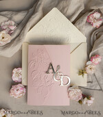 WEDDING INVITATIONS embossed invites Folder Embossed Ivory Gold Wedding Invitation, Golden deboss Roses Floral Wedding Invitation with mirror Monogram28
