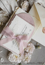 WEDDING INVITATIONS embossed invites  Fine Art Embossed Blind Ivory Gold Wedding Invitation, Golden deboss Floral Wedding Invitation, Boho Ecru Debossed Invitation suite,  Cotton paper wedding invitation suite with mirror heart20