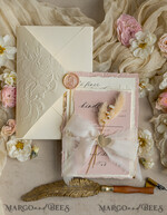 WEDDING INVITATIONS embossed invites  Fine Art Embossed Ivory Gold Wedding Invitation with dried flowers and torn chiffone bow, Golden deboss Roses Floral Wedding Invitation,14