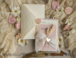 WEDDING INVITATIONS embossed invites  Fine Art Embossed Ivory Gold Wedding Invitation with dried flowers and torn chiffone bow, Golden deboss Roses Floral Wedding Invitation,14
