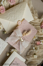 WEDDING INVITATIONS embossed invites  Fine Art Embossed Ivory Gold Wedding Invitation with dried flowers and torn chiffone bow, Golden deboss Roses Floral Wedding Invitation,14