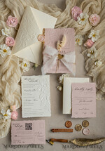WEDDING INVITATIONS embossed invites  Fine Art Embossed Ivory Gold Wedding Invitation with dried flowers and torn chiffone bow, Golden deboss Roses Floral Wedding Invitation,14