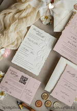 WEDDING INVITATIONS embossed invites  Fine Art Embossed Ivory Gold Wedding Invitation with dried flowers and torn chiffone bow, Golden deboss Roses Floral Wedding Invitation,14