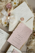 WEDDING INVITATIONS embossed invites  Fine Art Embossed Ivory Gold Wedding Invitation with dried flowers and torn chiffone bow, Golden deboss Roses Floral Wedding Invitation,14