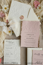 WEDDING INVITATIONS embossed invites  Fine Art Embossed Ivory Gold Wedding Invitation with dried flowers and torn chiffone bow, Golden deboss Roses Floral Wedding Invitation,14