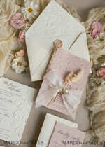 WEDDING INVITATIONS embossed invites  Fine Art Embossed Ivory Gold Wedding Invitation with dried flowers and torn chiffone bow, Golden deboss Roses Floral Wedding Invitation,14