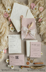 WEDDING INVITATIONS embossed invites  Fine Art Embossed Ivory Gold Wedding Invitation with dried flowers and torn chiffone bow, Golden deboss Roses Floral Wedding Invitation,14