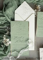 WEDDING INVITATIONS embossed invites  Bespoke Embossed Blind Sage green Gold Wedding Invitation, Golden greenery deboss  Floral Wedding Invitation, Modern Garden Debossed Invitation suite,  Cotton paper wedding invitation suite, Wedding Invitations golden23