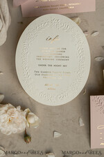 WEDDING INVITATIONS embossed invites  Fine Art Embossed Blind Ivory Gold Wedding Invitation, Golden deboss Floral Wedding Invitation, Boho Ecru Debossed Invitation suite,  Cotton paper wedding invitation suite with mirror heart21