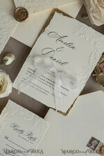 WEDDING INVITATIONS embossed invites  Fine Art Embossed Blind Ivory Gold Wedding Invitation, Golden deboss Floral Wedding Invitation, Boho Ecru Debossed Invitation suite,  Cotton paper wedding invitation suite with mirror heart14