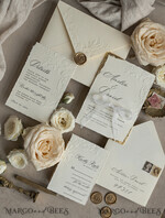 WEDDING INVITATIONS embossed invites  Fine Art Embossed Blind Ivory Gold Wedding Invitation, Golden deboss Floral Wedding Invitation, Boho Ecru Debossed Invitation suite,  Cotton paper wedding invitation suite with mirror heart14