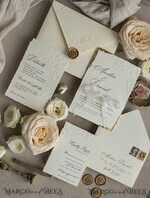 WEDDING INVITATIONS embossed invites  Fine Art Embossed Blind Ivory Gold Wedding Invitation, Golden deboss Floral Wedding Invitation, Boho Ecru Debossed Invitation suite,  Cotton paper wedding invitation suite with mirror heart14