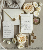WEDDING INVITATIONS embossed invites  Fine Art Embossed Blind Ivory Gold Wedding Invitation, Golden deboss Floral Wedding Invitation, Boho Ecru Debossed Invitation suite,  Cotton paper wedding invitation suite with mirror heart14