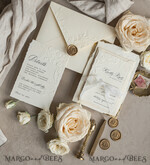 WEDDING INVITATIONS embossed invites  Fine Art Embossed Blind Ivory Gold Wedding Invitation, Golden deboss Floral Wedding Invitation, Boho Ecru Debossed Invitation suite,  Cotton paper wedding invitation suite with mirror heart14