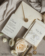 WEDDING INVITATIONS embossed invites  Fine Art Embossed Blind Ivory Gold Wedding Invitation, Golden deboss Floral Wedding Invitation, Boho Ecru Debossed Invitation suite,  Cotton paper wedding invitation suite with mirror heart14