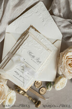 WEDDING INVITATIONS embossed invites  Fine Art Embossed Blind Ivory Gold Wedding Invitation, Golden deboss Floral Wedding Invitation, Boho Ecru Debossed Invitation suite,  Cotton paper wedding invitation suite with mirror heart14
