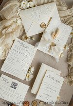 WEDDING INVITATIONS embossed invites  Fine Art Embossed Ivory Gold Wedding Invitation with  torn chiffone bow, Golden deboss Roses Floral Wedding Invitation,15