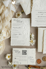 WEDDING INVITATIONS embossed invites  Fine Art Embossed Ivory Gold Wedding Invitation with  torn chiffone bow, Golden deboss Roses Floral Wedding Invitation,15