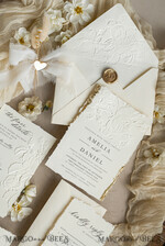 WEDDING INVITATIONS embossed invites  Fine Art Embossed Ivory Gold Wedding Invitation with  torn chiffone bow, Golden deboss Roses Floral Wedding Invitation,15