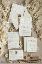WEDDING INVITATIONS embossed invites  Fine Art Embossed Ivory Gold Wedding Invitation with  torn chiffone bow, Golden deboss Roses Floral Wedding Invitation,15