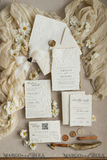WEDDING INVITATIONS embossed invites  Fine Art Embossed Ivory Gold Wedding Invitation with  torn chiffone bow, Golden deboss Roses Floral Wedding Invitation,15