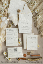 WEDDING INVITATIONS embossed invites  Fine Art Embossed Ivory Gold Wedding Invitation with  torn chiffone bow, Golden deboss Roses Floral Wedding Invitation,15