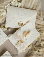 WEDDING INVITATIONS embossed invites  Fine Art Embossed Ivory Gold Wedding Invitation with  torn chiffone bow, Golden deboss Roses Floral Wedding Invitation,15
