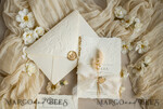 WEDDING INVITATIONS embossed invites  Fine Art Embossed Ivory Gold Wedding Invitation with  torn chiffone bow, Golden deboss Roses Floral Wedding Invitation,15