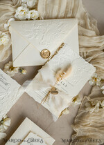WEDDING INVITATIONS embossed invites  Fine Art Embossed Ivory Gold Wedding Invitation with  torn chiffone bow, Golden deboss Roses Floral Wedding Invitation,15