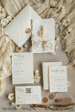 WEDDING INVITATIONS embossed invites  Fine Art Embossed Ivory Gold Wedding Invitation with  torn chiffone bow, Golden deboss Roses Floral Wedding Invitation,15