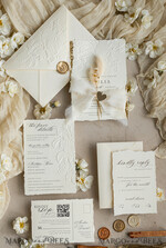 WEDDING INVITATIONS embossed invites  Fine Art Embossed Ivory Gold Wedding Invitation with  torn chiffone bow, Golden deboss Roses Floral Wedding Invitation,15