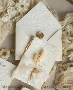 WEDDING INVITATIONS embossed invites  Fine Art Embossed Ivory Gold Wedding Invitation with  torn chiffone bow, Golden deboss Roses Floral Wedding Invitation,15
