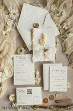 WEDDING INVITATIONS embossed invites  Fine Art Embossed Ivory Gold Wedding Invitation with  torn chiffone bow, Golden deboss Roses Floral Wedding Invitation,15