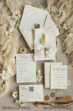 WEDDING INVITATIONS embossed invites  Fine Art Embossed Ivory Gold Wedding Invitation with  torn chiffone bow, Golden deboss Roses Floral Wedding Invitation,15